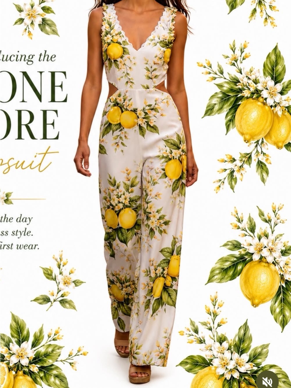Sleeveless Lemon-Print Wide-Leg Jumpsuit - White & Yellow